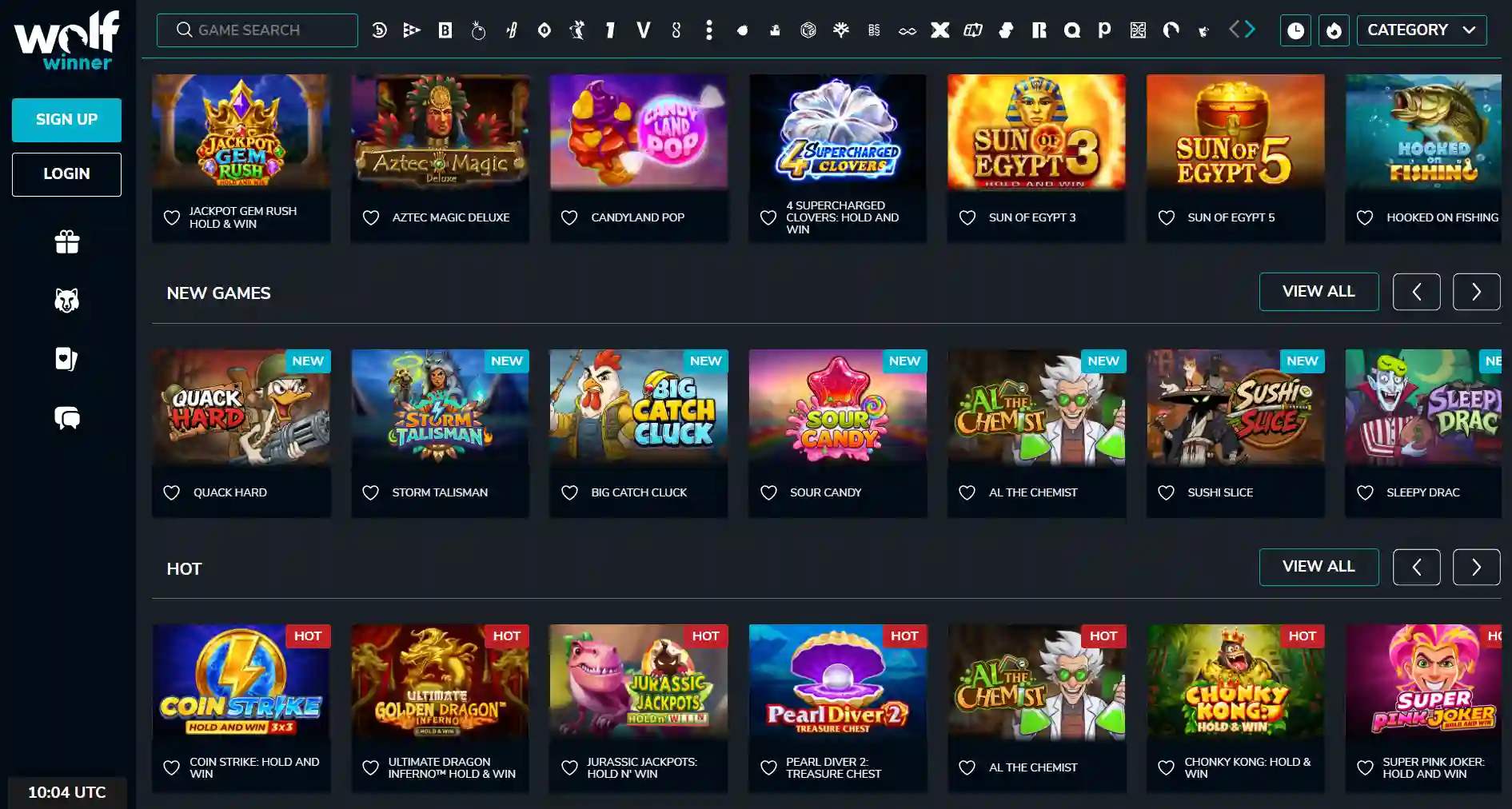 Screenshot reference of the Wolf Winner Casino homepage interface