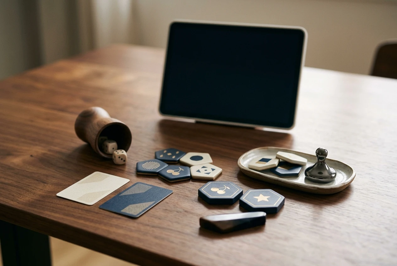 Unbranded tabletop with abstract game tiles and a softly lit screen