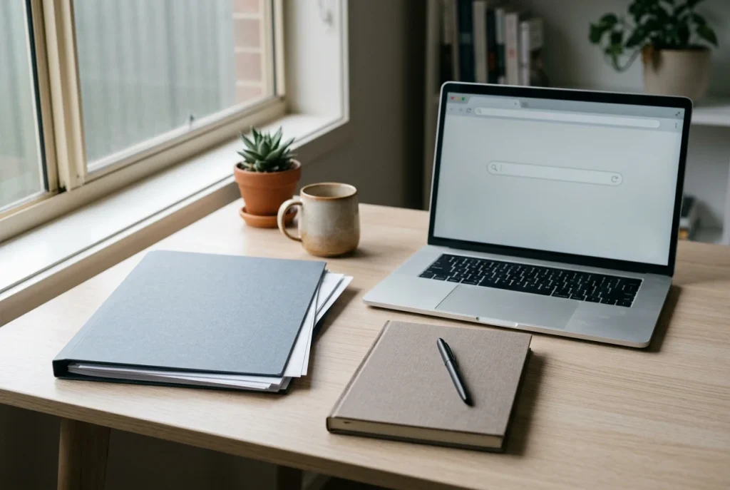 Unbranded documents beside a laptop showing an abstract address-bar shape