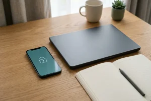 Unbranded smartphone with abstract lock symbol beside a notebook and closed laptop