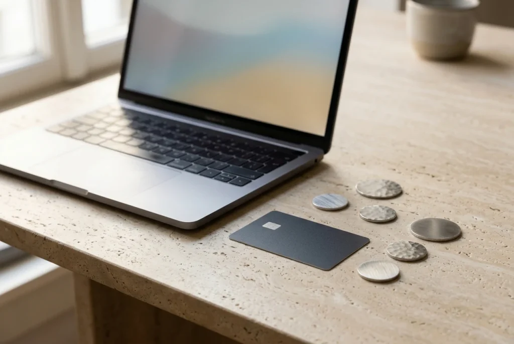 Plain bank card and abstract unmarked cryptocurrency shapes beside an open laptop