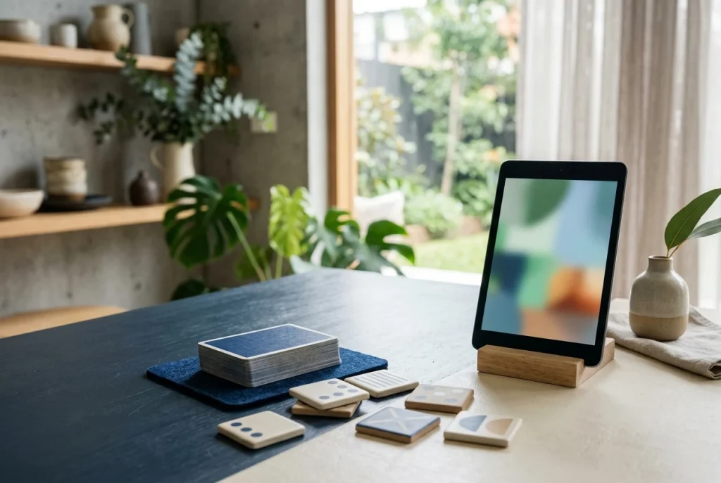 Unbranded tabletop with playing cards, plain game tiles and a softly illuminated display