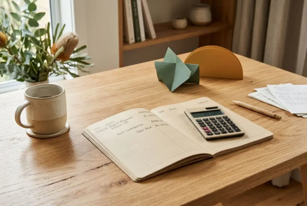 Unbranded notebook ledger and plain calculator beside abstract Australian-dollar-toned paper shapes