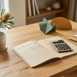 Unbranded notebook ledger and plain calculator beside abstract Australian-dollar-toned paper shapes